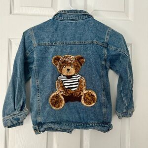 teddy appliqué kids denim jeans jacket